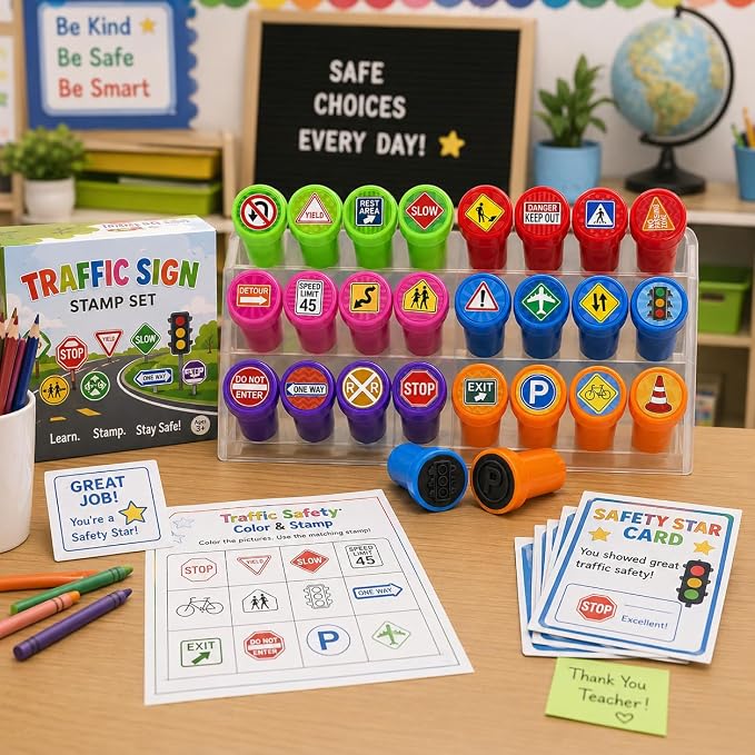 Cinrobiye 24 Pcs Traffic Sign Stampers Party Favor Set, Cute Road Safety Stamps for Kids Birthday Party, Classroom Rewards, Learning Activities, Goody Bag Fillers, Educational Party Supplies