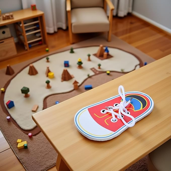 Red Wooden Shoe Tying Practice, Learn to Tie Your Own Shoes Threading Lacing Shoes Training Early Learning Kits, Threading Lacing Shoes Training Board Early Learning,Decorative Accessories