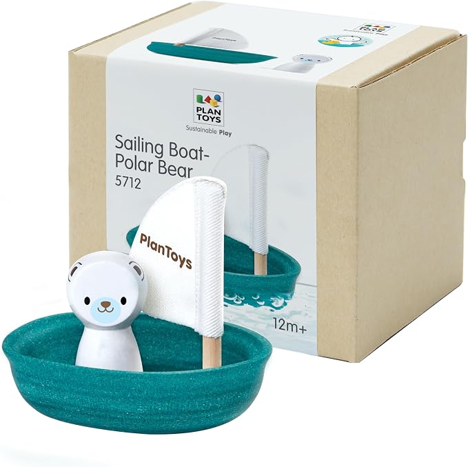 PlanToys® Polar Bear Sailing Boat Bath Toy for Toddlers, Montessori Wooden | polar bear sailing boat, montessori floating bath toy, water play, bathtub pool water table, kids toddlers wooden imaginative