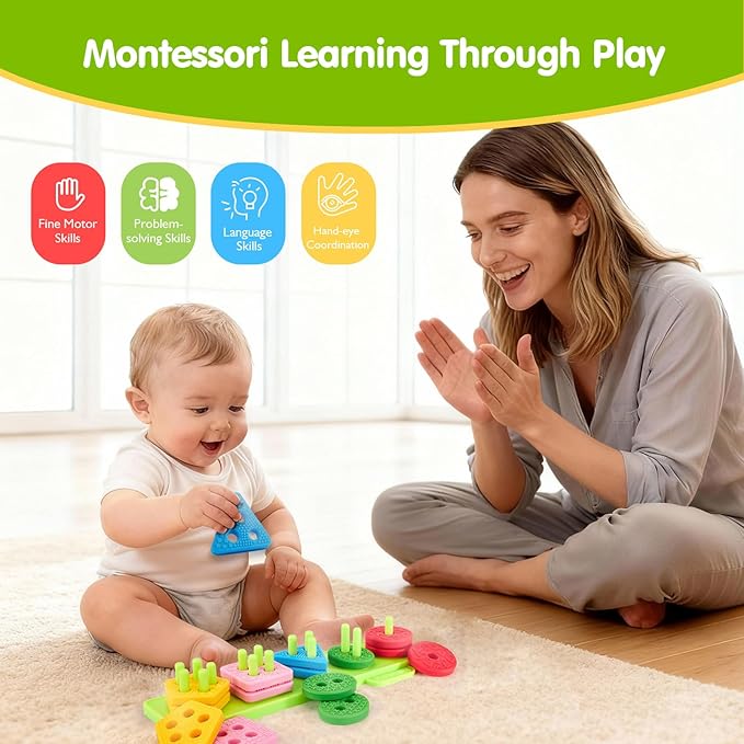 hahaland Silicone Sorting & Stacking Toys - Montessori Toys for 1 Year Old | Textured Soft Blocks, Shape Sorter, Color Sorting for Toddlers 1-3, Learning Sensory Baby Toy 1st One Year Old Birthday Gifts