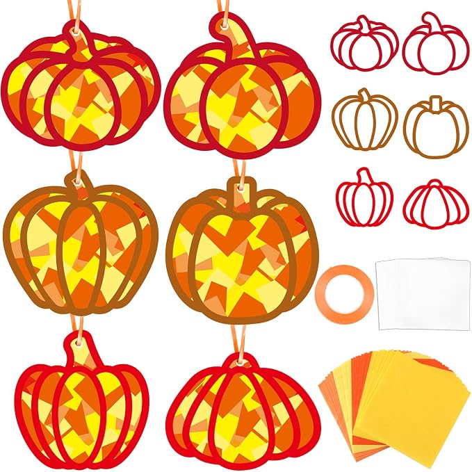 Qyeahkj 36 Set Fall Pumpkin Suncatchers Crafts for DIY Autumn Window Tissue Paper Crafts Kit Thanksgiving Pumpkin Hanging Decor for Fall Home Activity Art Project Birthday Party Favor Gift