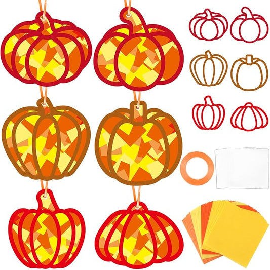 Qyeahkj 36 Set Fall Pumpkin Suncatchers Crafts for DIY Autumn Window Tissue Paper Crafts Kit Thanksgiving Pumpkin Hanging Decor for Fall Home Activity Art Project Birthday Party Favor Gift