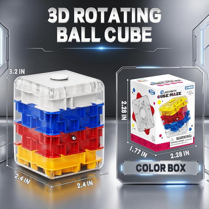 3D Maze Cube Ball Puzzle Brain Teaser for Adults & Kids, Educational Learning Toys Logical Thinking, Family Board Games Tabletop, Durable Puzzle Cube (White&Blue&Red&Yelllow, 2.4x2.4x3.2)