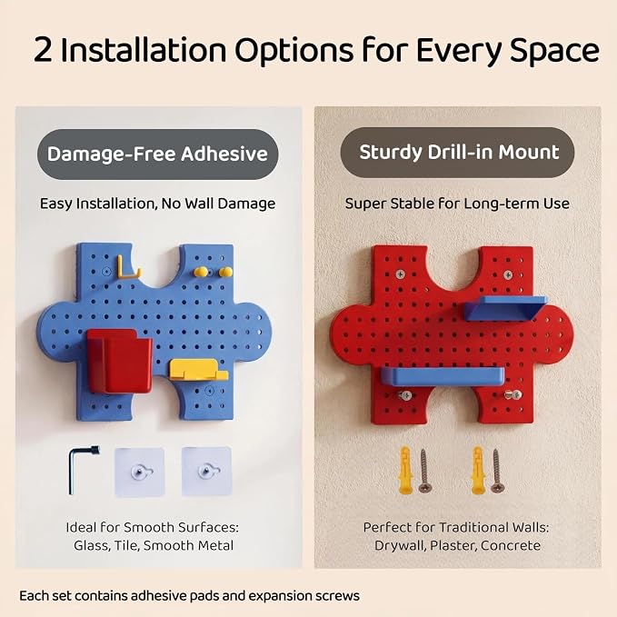Pegboard Wall Organizer, Puzzle Modular Plastic Storage System with Hooks Shelves Boxes, Colorful Red Yellow Blue, 33.1 x 9.4 Inches, Wall Decor for Entryway Home Office Kids Room Craft Area