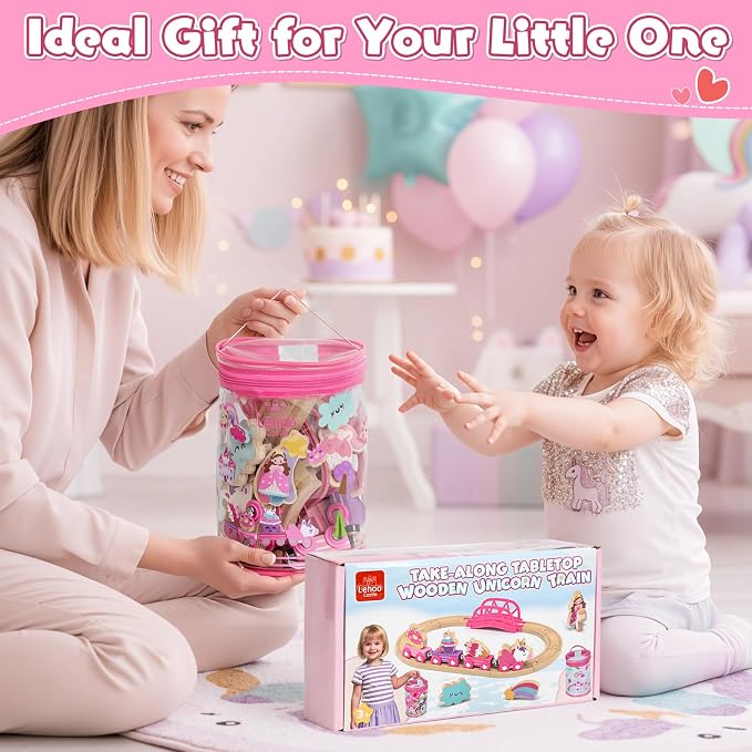 Lehoo Castle Pink Unicorn Wooden Train Set for Girls with Storage Bag | Compatible with Most Wooden Train Tracks, Expandable, Changeable Fantasy Railway Playset, Birthday Gift for Girls Ages 3+