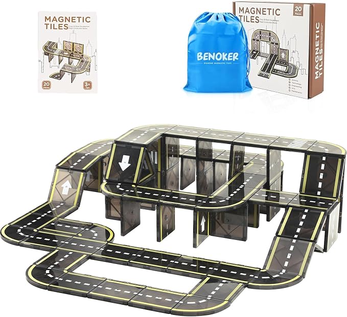 BENOKER Magnetic Tiles Road Set, STEM Magnet Building Toy for Toddler Kids | Creative magnetic building tiles, open-ended educational STEM toy, great birthday gift for toddler boys and girls