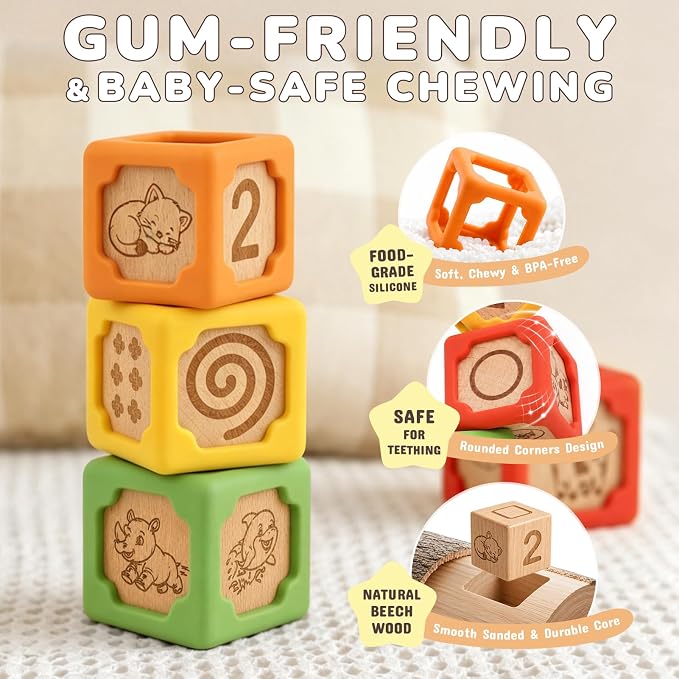 Joyreal Silicone Wooden Baby Blocks, 10PCS Montessori Stacking Blocks for Babies 6-18 Months, 1.7" Beech Wood Sensory Learning Toy with Animals, Numbers, Textures, Soft Chewable, Laser Engraved
