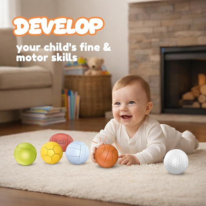 Baby Sensory Balls, Soft Rubber Balls for Toddlers 1-3, Montessori Sensory Bath Toys 6 to 12 Months, Kids Soccer Ball, Sport & Outdoors Baby Ball, 6 Rubber Soft Toys for Kids