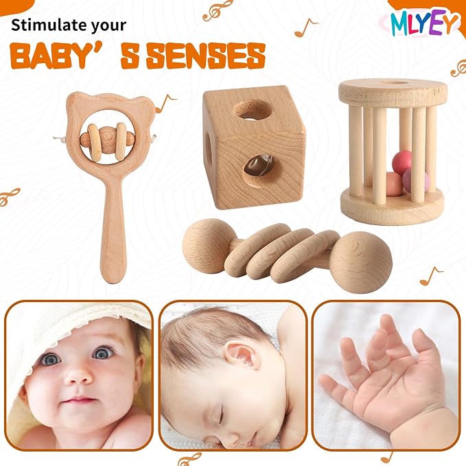 Wooden Rattles for Baby, 7PCS Wooden Montessori Toys for 7-24 Months Baby Boy Girl, Natural Beech Wood Grasping Toy, Gift for Babies