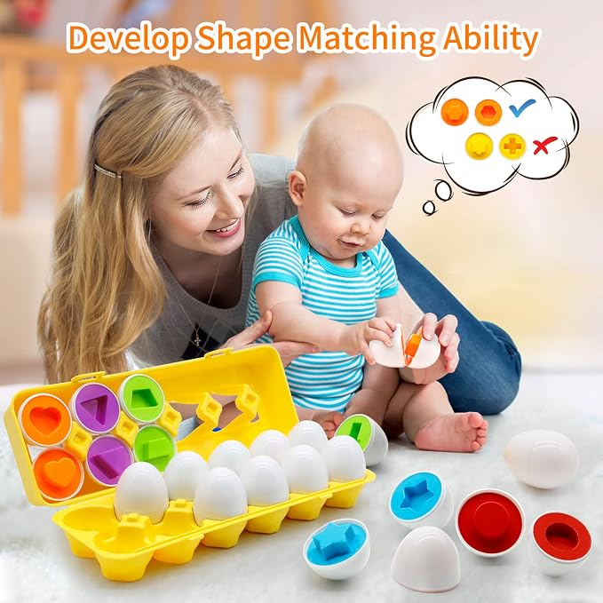 MOONTOY Matching Eggs for Toddlers 2-4, 12PCS Preschool Educational Learning Color & Shape Sorter Sensory Montessori Toy Toddler Easter Eggs Basket Stuffers Gift for 18M+ Year Old Kid Baby Boy Girl