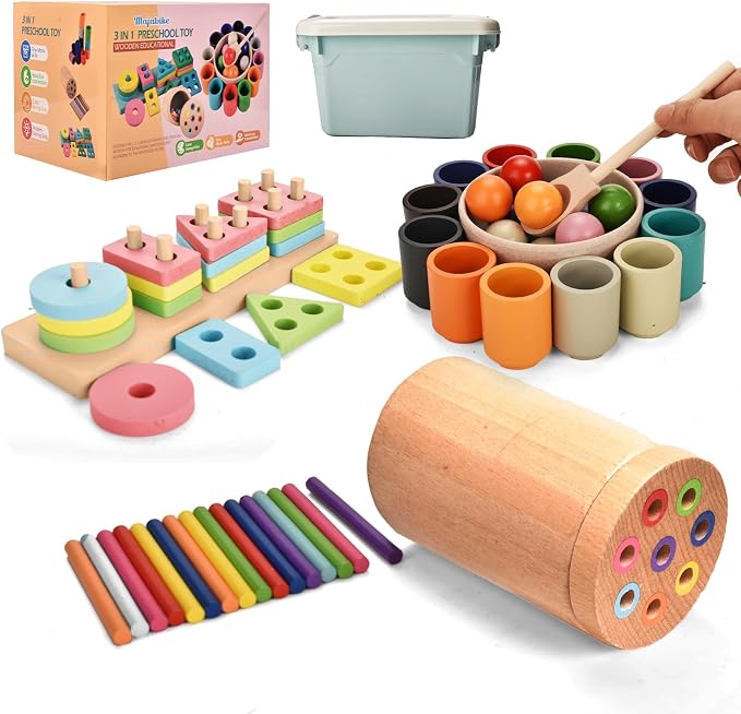 Montessori Toys 3 in 1 Wooden Learning Fine Motor Skills Toys Rainbow Color Sorting Toy for Toddlers - Preschool Color Matching, Educational Color Recognition ShapeSorter Boys Girls Gifts