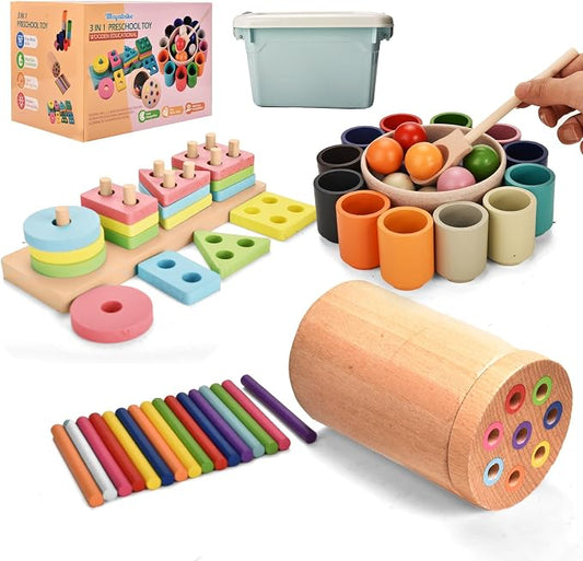 Montessori Toys 3 in 1 Wooden Learning Fine Motor Skills Toys Rainbow Color Sorting Toy for Toddlers - Preschool Color Matching, Educational Color Recognition ShapeSorter Boys Girls Gifts