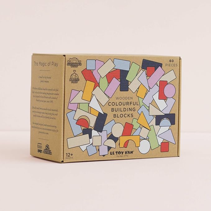Le Toy Van - Educational Wooden Building Blocks 60 Piece Set Toy | Montessori Style Shape & Colour Development Toy - Suitable for 12 Months + (PL135)
