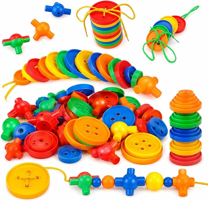 40 Pcs Big Bright Craft Buttons Stacking Toy Plastic Assorted Vivid Button Colors Geometric Shaped Buttons Colorful Large Beads Button Lacing Threading for Arts DIY Crafts Projects
