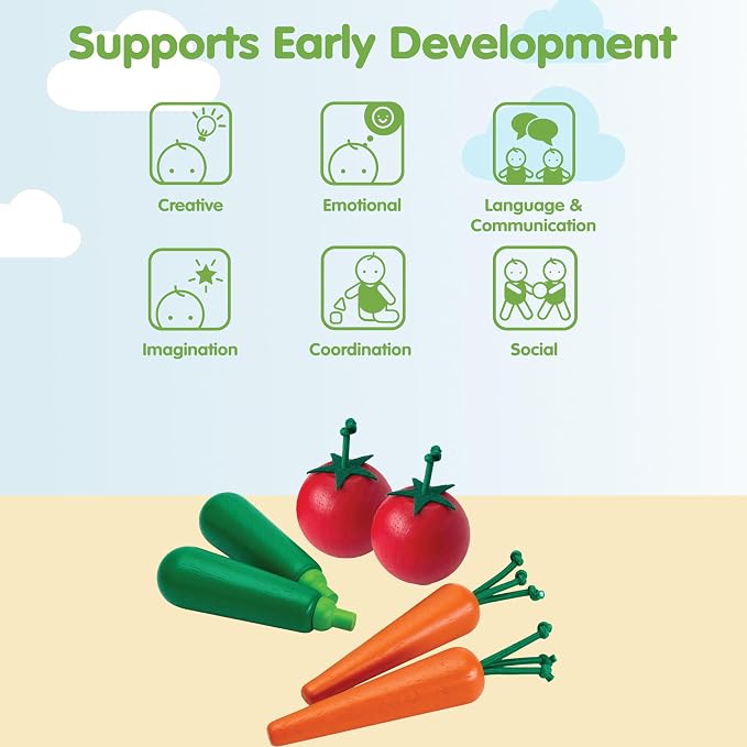 PlanToys® Wooden Fresh Produce Set Carrots, Zucchinis & Tomatoes Kids Toy | slicing, wooden knife, fruits and vegetables toys, girls, boys, montessori pretend food fine motor gift preschool learning