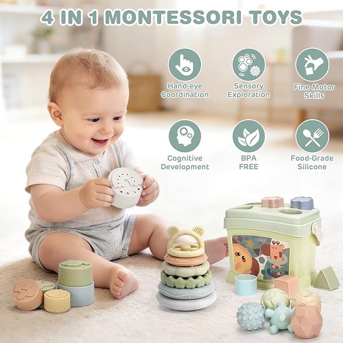 Baby Toys 6-12 Months,Montessori Toys for Babies,Stacking Cups,Shape Sorter | Sorting & Stacking Toys, Sensory Balls, Silicone Teething Toys for 6+ Months, Newborn Toys, Neutral Color Gift for Boys Girls