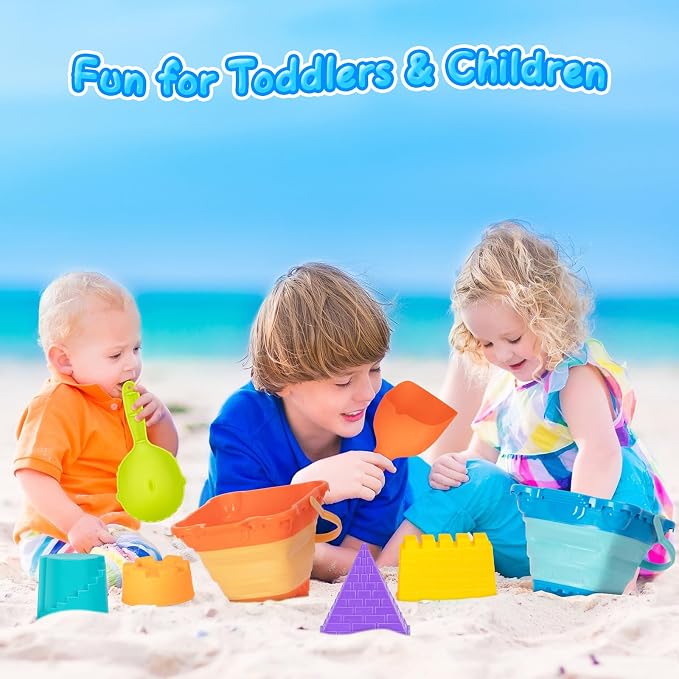 Beach Toys, Collapsible Sand Toys - 9pcs Sand Castle Building Kit: Foldable Sand Buckets, Shovels, Castle Molds & Packable Mesh Bag - Sandbox Toys for Toddlers, Kids Ages 3-12, Beach Travel