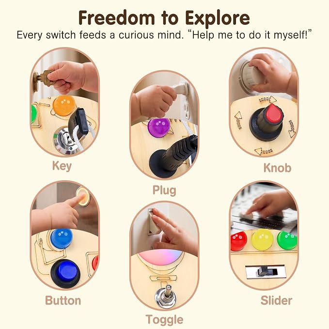 RichBoy Busy Boards, Lights Switch-Style, Wooden, 37-in-1, Medium | Toddlers Birthday Gifts, Montessori Toys, Autism Sensory, Fine Motor Skills, Educational Learning, Travel Essentials