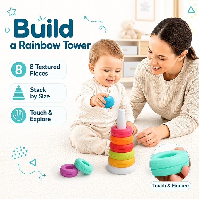 Baby Stacking Toys with Stacking Rings & Shape Sorter for 12+ Months | Stacking Rings Baby Toy with Color Sorting & Matching Play, 3 in 1 Learning Toy for 1 Year Olds