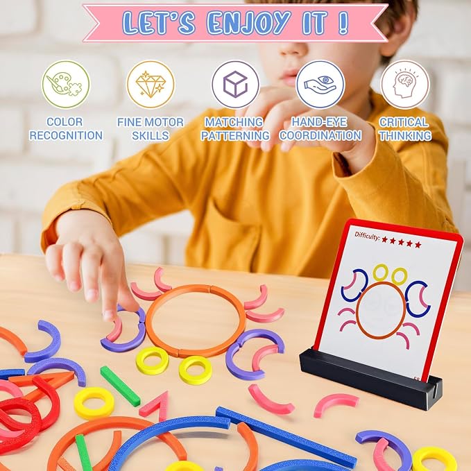 STEM Toys for Creative Learning Sticks & Rings Shape Building Blocks 160PCS Pattern Blocks Puzzle Educational Resources Montessori Toys for Preschool and Kindergarten Girls and Boys Ages 5+