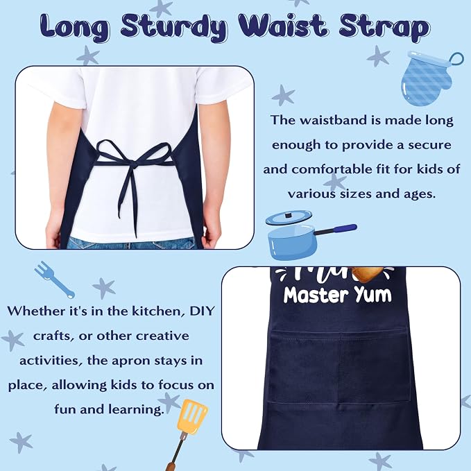 Kid Apron and Chef Hat Set - 2Pcs Dark Blue Mini Master Adjustable Children Kitchen Toddler Apron with Pockets for Kids, Funny Dress up Pretend Play Toy Birthday Gift for Cooking Baking Painting
