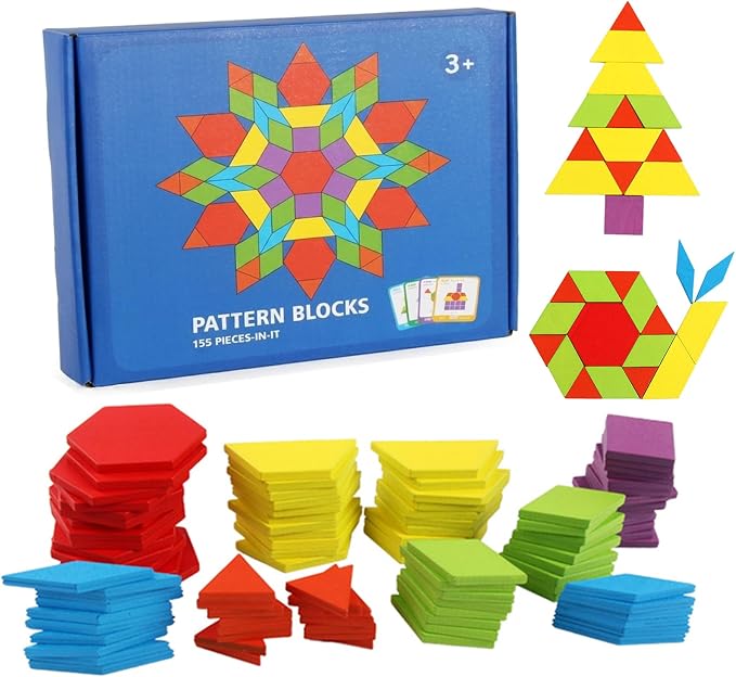 155 Pcs Wooden Pattern Blocks Set - Geometric Shape Puzzle for Kindergarten - Classic Educational Montessori Tangram Toys with 24 Design Cards for Kids Ages 3-8
