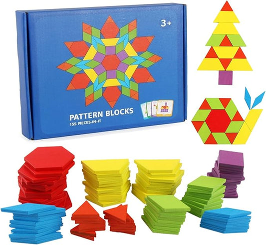 155 Pcs Wooden Pattern Blocks Set - Geometric Shape Puzzle for Kindergarten - Classic Educational Montessori Tangram Toys with 24 Design Cards for Kids Ages 3-8