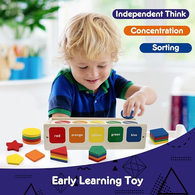 Wooden Sorting Toy Montessori Color & Shape Sorter Class Activity Toddlers Fine Motor Game Teaching Tool for Colors and Shapes Recognition, Birthday Gifts for Boys and Girls