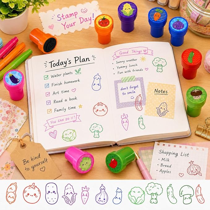 Cinrobiye 24 Pcs Vegetable Stampers Party Favor Set, Cute Veggie Stamps for Kids Birthday Party, Classroom Rewards, Educational Learning Toys, Goody Bag Fillers, Healthy Food Party Supplies