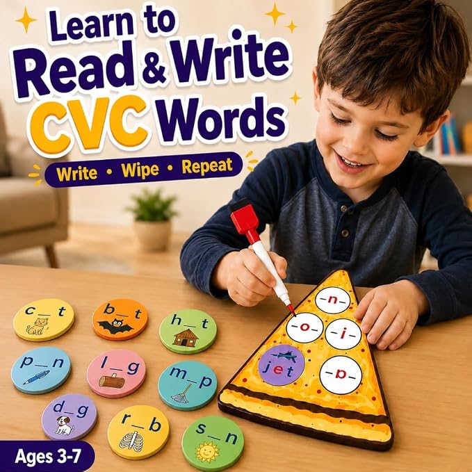 CVC Words on Pepperoni - Learn to Read & Write, Magnetic Phonics Games | Preschool Kindergarten Learning, Write-Wipe Activity, Classroom & Homeschool Supplies, Speech Therapy Ages 3+