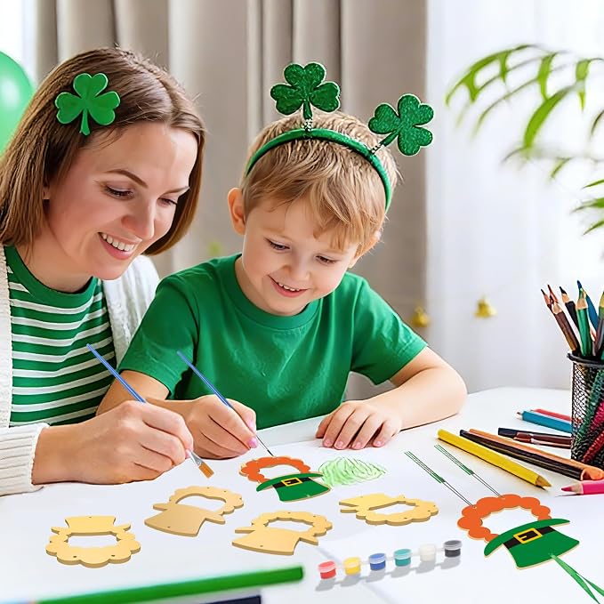 Fennoral 24 Pack St Patrick's Picture Frame Wind Chime Craft Kit for Kids Make You Own Patrick's Day Craft Kit Wooden DIY Coloring Art and Craft for Irish Classroom Art Activity Patrick's Decoration