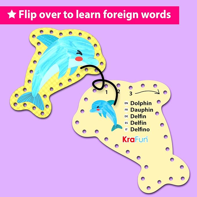 KRAFUN Mermaid Ocean Lacing Cards Age 3+ | 5 Projects | 5 mermaid ocean cards: Mermaid, Octopus, Seahorse, Fish & Starfish. Develops fine motor skills. For toddler girls & boys