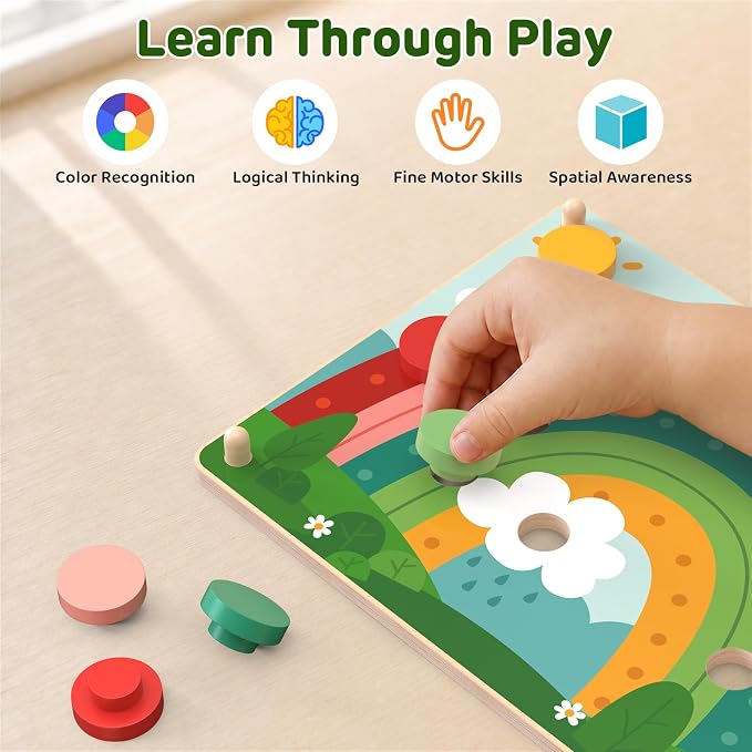 Montessori Wooden Button Art Learning Toy for Toddlers 1 2 3+ Year Old | Color Matching Board with 16 Animal Pattern Cards & 30 Wood Pegs, Educational Fine Motor Skills Activity for Preschool Kids