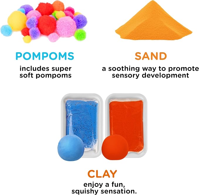 Sensory Kit for Toddlers and Kids - Includes 3 Bins with Lids, Play Tools, Sand, Feathers, Clay, Color Beads and Pom Poms Kids Box Fillers (Starter Set)