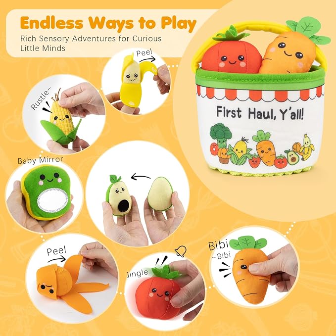 Montessori Sensory Toy for 1 Year Old, Fruit Vegetable Learning Sensory Toy | Color Sorting Play Food Set with Crinkle & Rattle, Fine Motor Skills Toy, Gift for 1 2 3 Year Old Boys & Girls