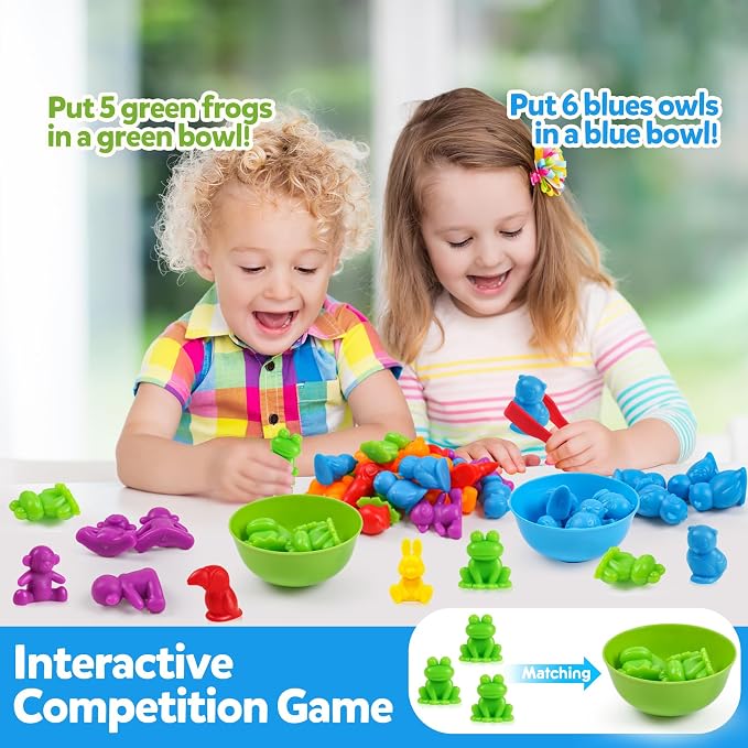 GKDOMS Counting Animals Toy Matching Game with Sorting Bowls Preschool Learning Activities Montessori Sensory Toys for Math Color Sorting, Party Favors Birthday Gifts for Kids