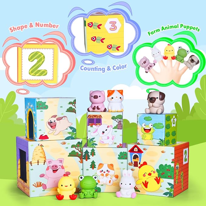 Toddler Farm Animal Sorting and Stacking Toys Gifts for 1-3 Year Olds | Toys for Age 12-18 Month, Number Nesting Boxes Stackable Toy With Finger Puppet, Montessori Toy Gifts for 1 2 3 Year Boy Girl