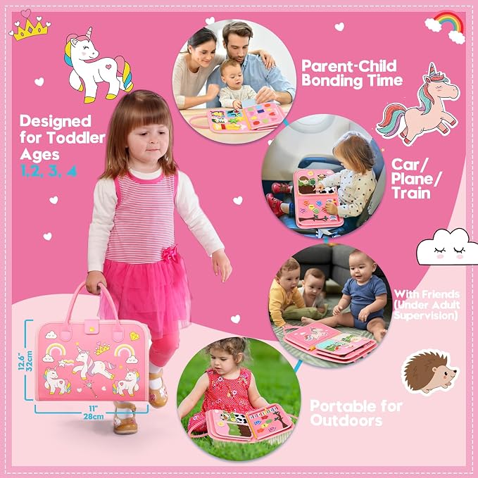 Toddler Sensory Busy Board: Travel Toy Activity Book for Girls Boys, Motor Skill Development Gift for Baby Aged 3-4 Years, Fine Educational Preschool Montessori Learning Toy for Car Airplane Unicorn