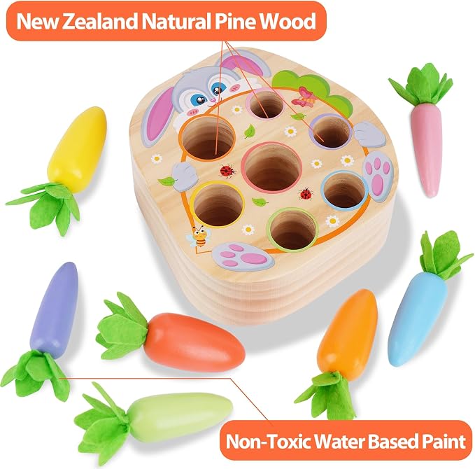 Montessori Toys for 2 3 Year Old Toddlers | Wooden Carrot Harvest Game | Shape Sorting Matching Toys for 18+ Months Baby Boys and Girls, 2st Birthday Easter Gifts for Babies 2 3 (Macron)