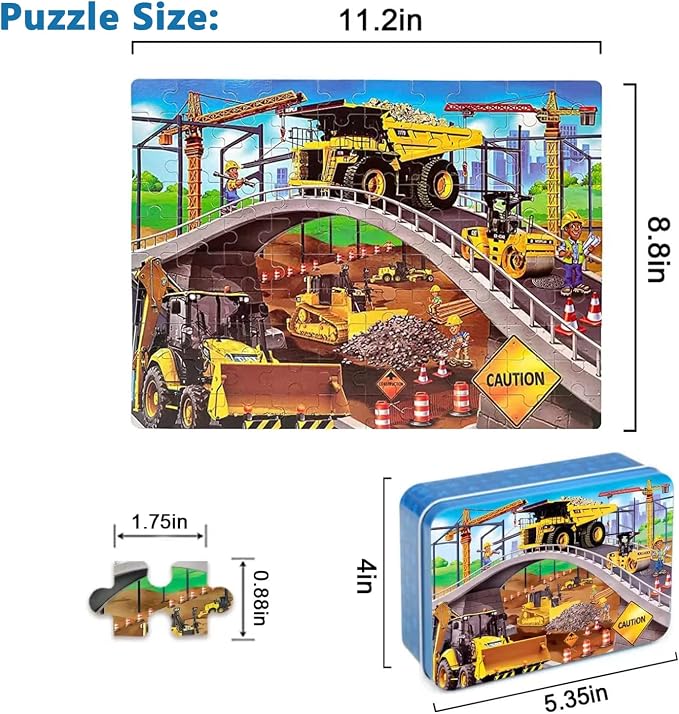 LELEMON Puzzles for Kids Ages 4-8,Construction Site 100 Piece Puzzles for Kids,Educational Kids Puzzles Jigsaw Puzzles in a Metal Box,Children 100 Piece Puzzle Games Puzzle Toys for Girls and Boys | Construction Site Kids Puzzles Jigsaw Puzzles for Kid...