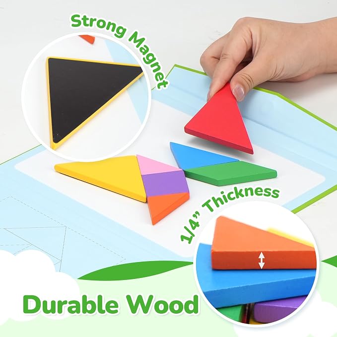 BenBen Magnetic Tangram Puzzle, Wooden Travel Toys Ages 4-8 8-12 | Wooden Dual-Sided Magnetic Board, Travel Games for Road Trips, Car Toys for Kids, STEM Educational IQ Book