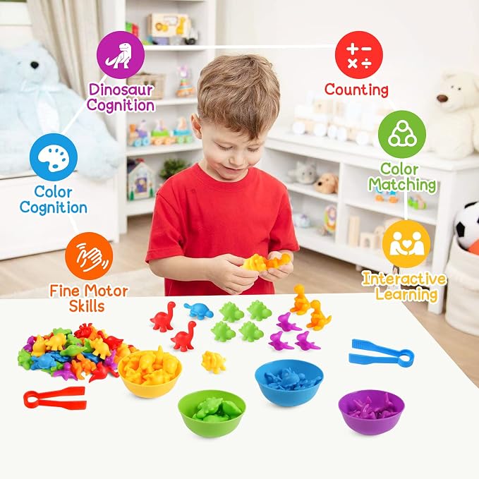 Counting Dinosaur Montessori Toys for Kids 3-5, Color Sorting Sensory Toys | Sensory Bin Toy, Counting Bears, Fine Motor Skills, Preschool Learning Educational Toy for 3 4 5 Year Old, Birthday Gifts
