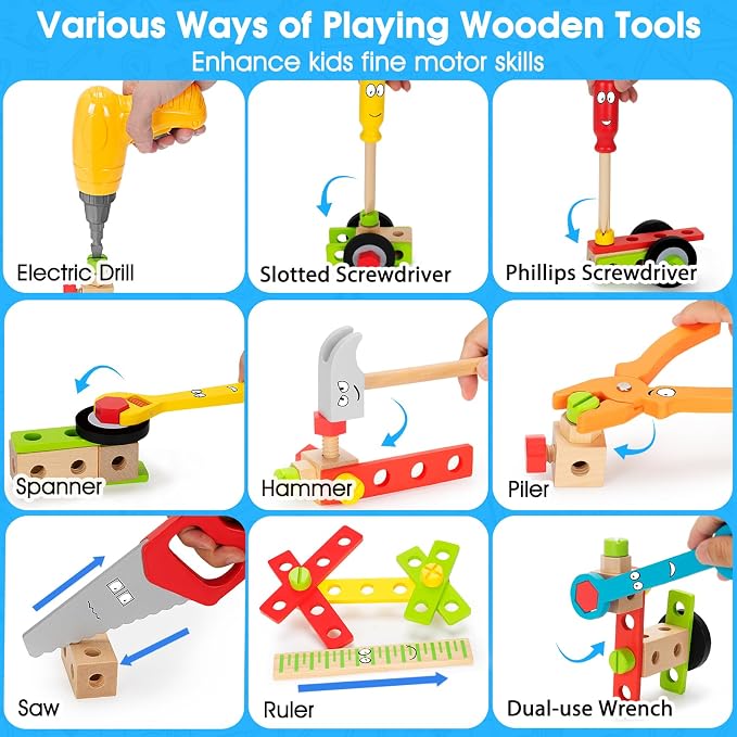 Kids Tool Set with Electric Drill, 46 Pcs Wooden Toddler Play Tools Set with Tool Box, Montessori STEM Educational Construction Building Toy for 3 4 5 6 Year Old Boys Girls Birthday Gifts