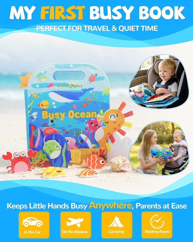 Busy Book for Toddlers 1-3, Busy Board for 1 Year Old, Quiet Books | Felt Activity Books for 1+ Year Old, Toddler Travel Toys, Boy Girl 1st Birthday Gift, Montessori Ocean Sensory Learning Board