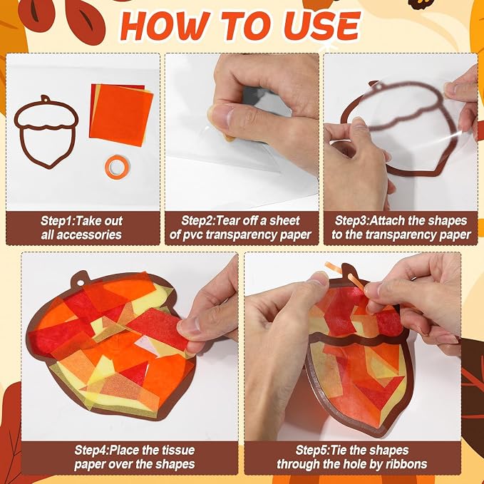 Qyeahkj 36 Set Fall Acorn Suncatchers Crafts for Kids DIY Autumn Window Tissue Paper Craft Kit Hanging Decor for Thinkgiving School Home Activity Art Project Birthday Party Favor Gift
