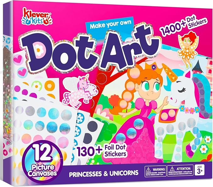 Klever Kits Dot Art Kit for Kids, No Mess Sticker for Kids 3-7, Craft Kits, DIY Creative Activity, Travel Toy, Birthday Presents for Boys Girls (Unicorns & Princess)
