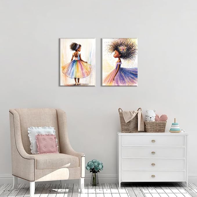 Black Girl Princess Wall Art,Cute Girl Rainbow Ballet Art Decor 16X12In | Afro Girls Art,Inspirational Black Girl Artwork for Girls Bedroom Nursery Playroom Home Wall Decor