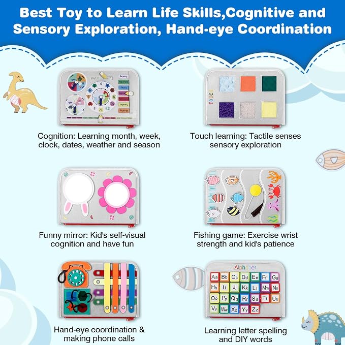 Busy Board Montessori Toys for Boy & Girl Birthday Gifts, Autism Sensory Travel Toy, Educational Activity Sensory Busy Book for Learning Fine Motor Skills, Gray