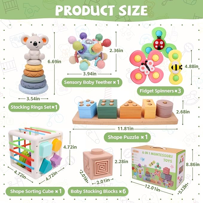 YHHYTOY 6-in-1 Montessori Baby Toys 0-6 6-12 Months, Infant Toys Baby Gifts | 4 5 6 Month Old Baby Toys, Soft Stacking Blocks Rings Shape Sorter Sensory Baby Suction Spinners, Baby Gifts for Girls Boys