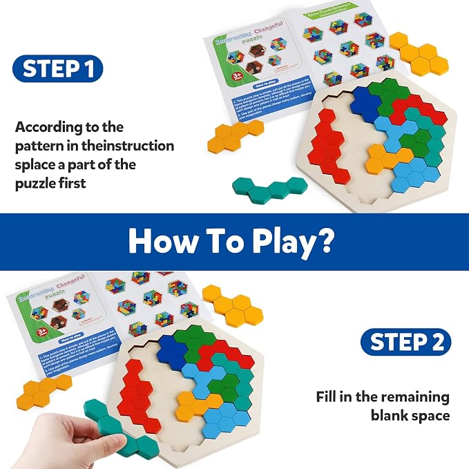 Wooden Hexagon Blocks Puzzle, STEM Montessori Brain Teaser for Kids Adults | Montessori Educational Toy, Geometric Shape Blocks, Logic IQ Game, Ideal Gift for Kids Teens Adults